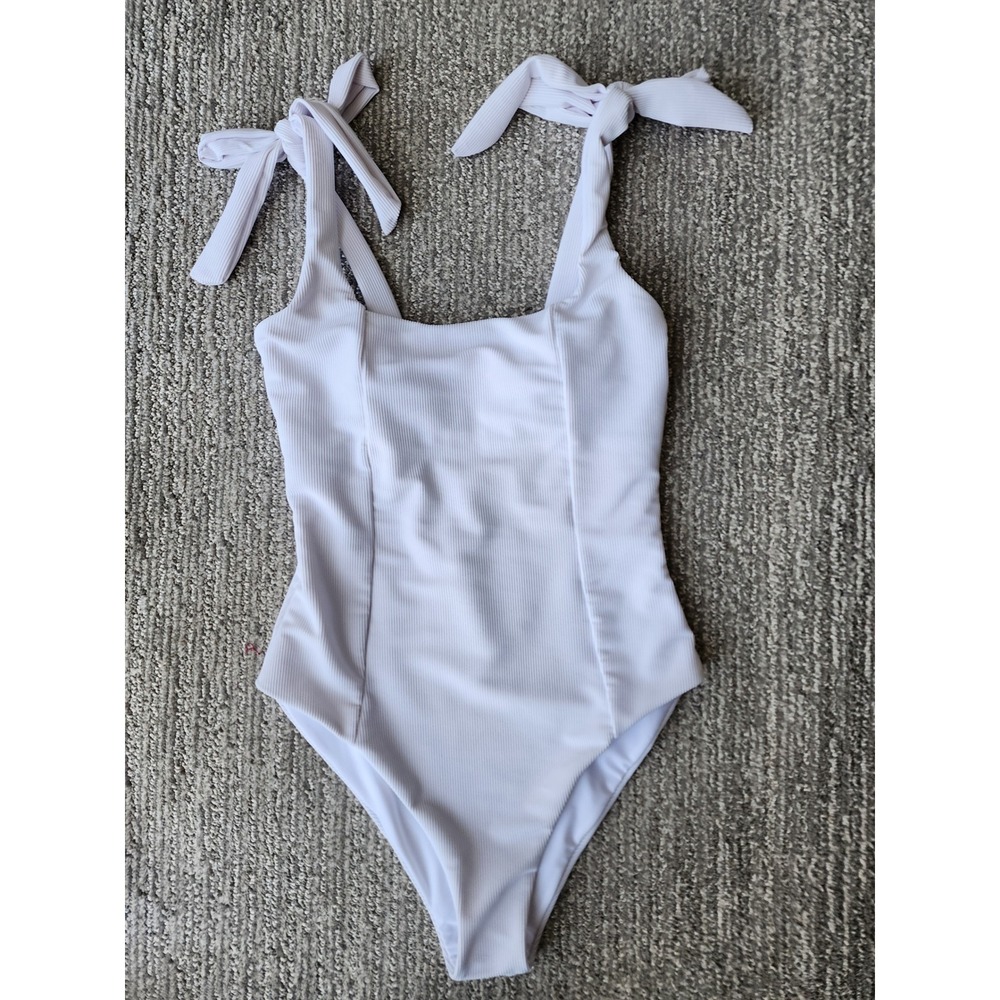 Beach Riot Sydney White Ribbed One Piece Swimsuit Tie Shoulder Cheeky Size Med
